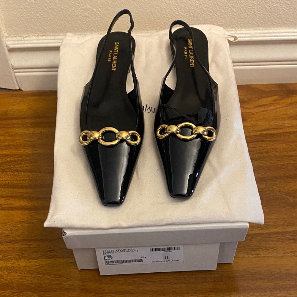 Saint Laurent Black Patent Slingback blade ballet Flats with Gold Chain Detail - Picture 2 of 6